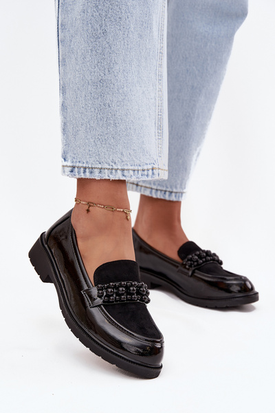Damenschuhe Lackmokassins Mit Perlen S.Barski HY52-541 Schwarz
