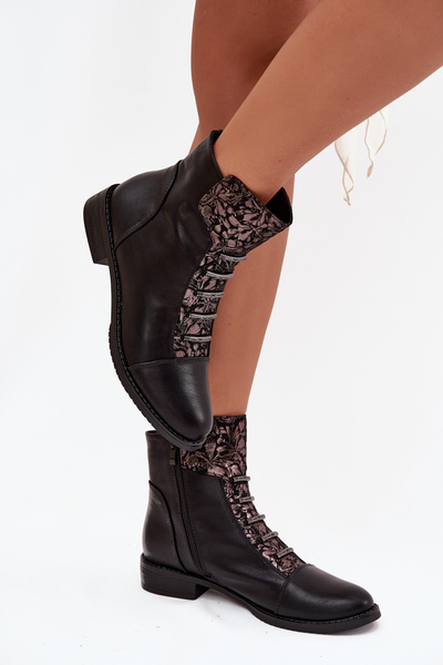 Bottes d'hiver pour femmes à talon plat fleurs noires Labise
