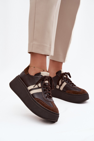 Baskets en cuir pour femmes sur plateforme Zazoo 3775 chocolaté