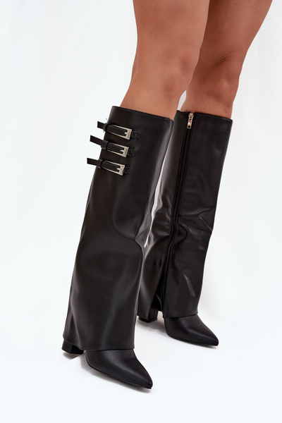 Damenstiefel Mit Absatz Umgeschlagener Schaft Riemen Mit Schnallen Schwarz Nirisa