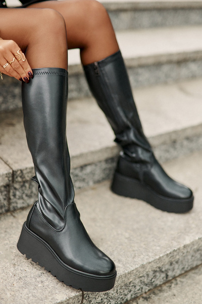 Damen Stiefel Bis Zum Knie Auf Plattform Und Keil Schwarz Vinceza 58342
