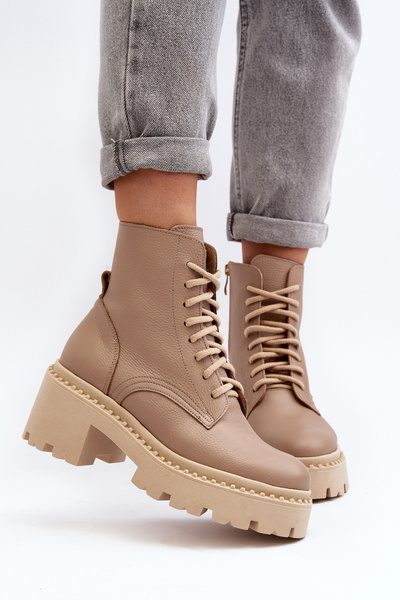 Zazoo 3413 Damen Leder Stiefeletten mit klobigem Absatz in Beige
