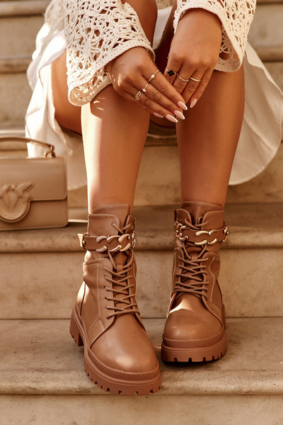Bottes De Travail En Cuir Avec Ceinture Décorative Marron Enili
