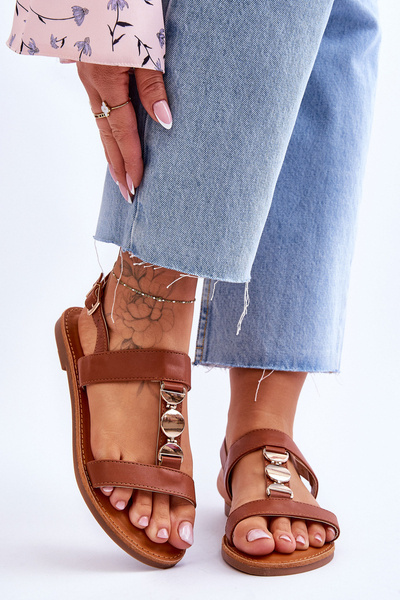 Women's Flat Sandals With A Decorative Belt Brown Berry