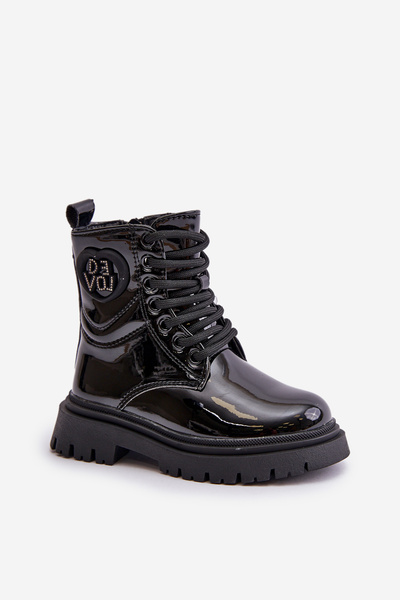 Bottes Fille Laquées Isolées Avec Fourrure Avec Fermeture Éclair Noir Evaliraea