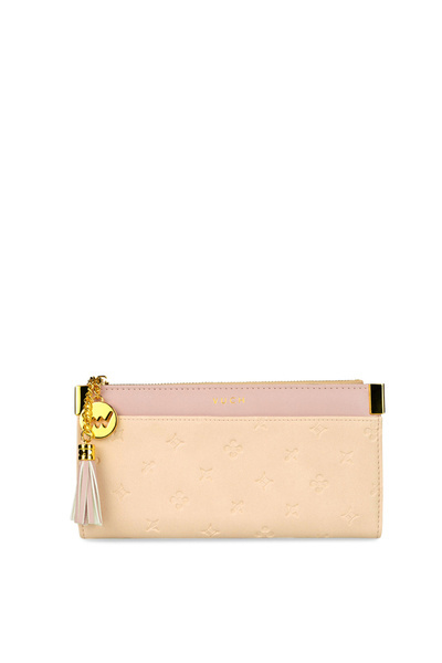 Portefeuille en Cuir à Pompon Beige et Rose Madis