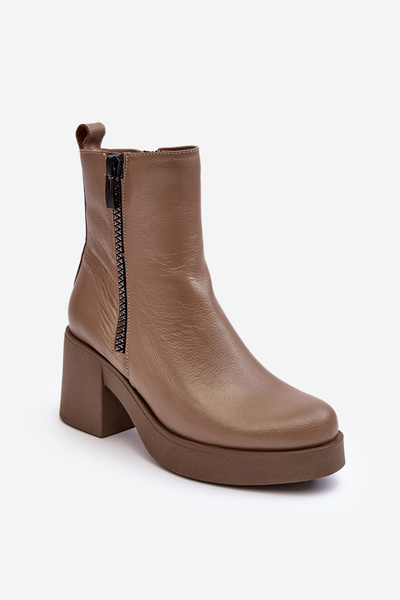 Bottines en Cuir à Talon Massif et Fermetures Éclair Beige Foncé Lemar Littosa