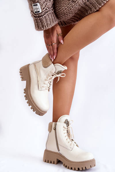 Trapperstiefel aus Leder für Damen Hell beige Vergo