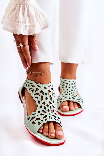 Leather Openwork Sandals Light Green Alima