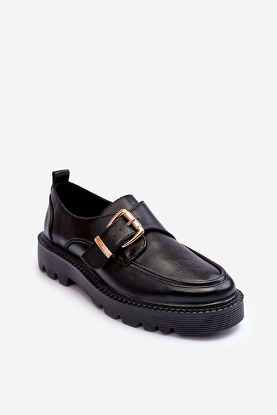 Leder Halbschuhe Mit Flacher Ferse Und Schnalle Schwarzes Meara