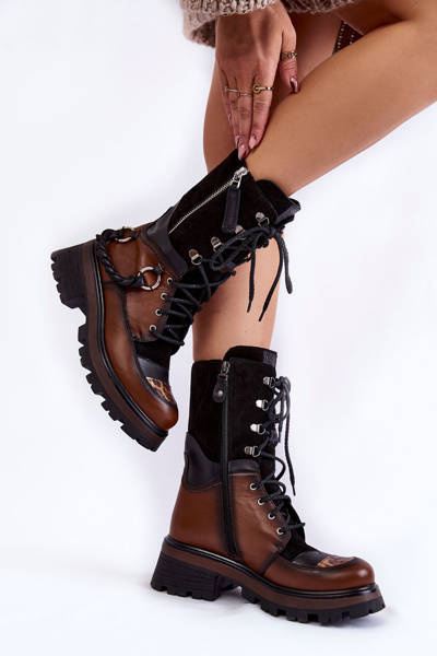 Leather High Boots Workers Maciejka 05586-29 Brown and Black