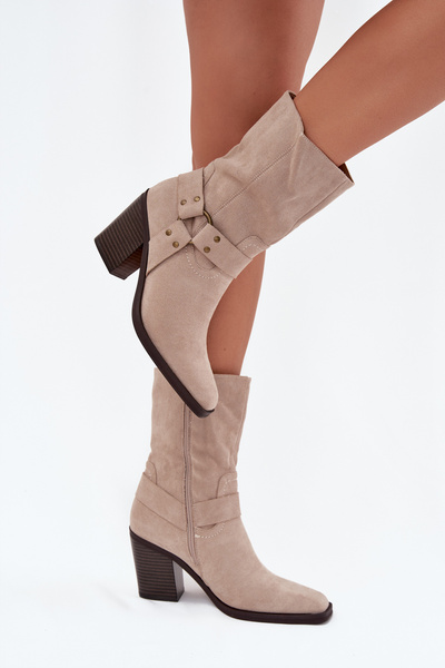 Bottes d'hiver pour femmes à talon avec des sangles et un détail décoratif beige Neria