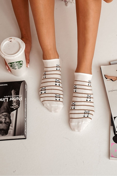 Női Pamut Bokazokni Pandák És Csíkok Ecru