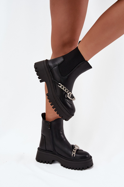 Damen Stiefeletten Auf Plattform Mit Kette Schwarz Marvella