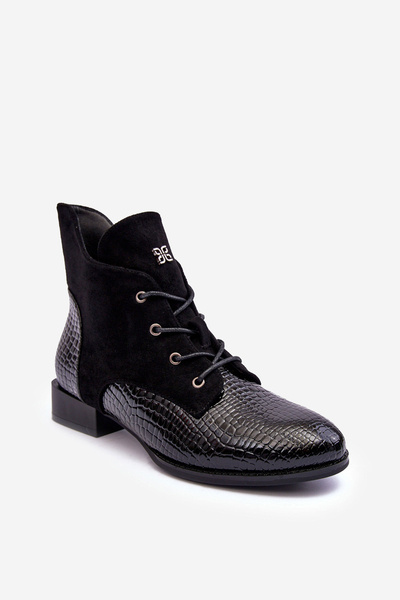 Demi-Bottes En Cuir À Talon Plat Motif Animal Noir Tianeta