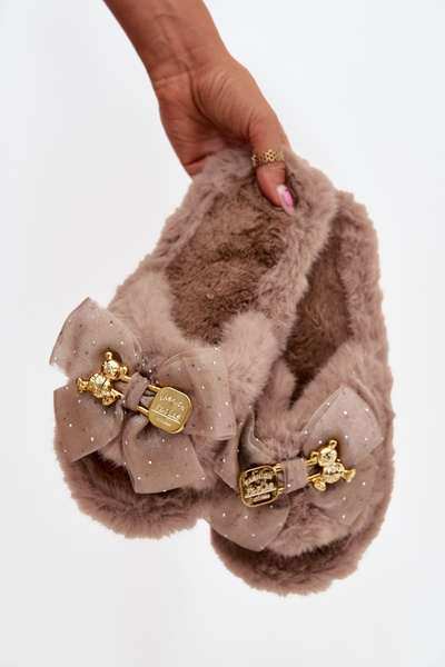 Chaussons féminins en fourrure avec nœud et décoration en or beige foncé Nolara