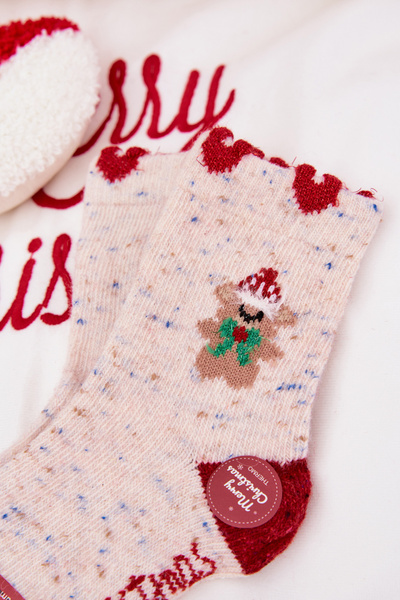 Chaussettes De Noël Pour Enfants Avec Ours Et Cœurs Laine D’alpaga Beiges