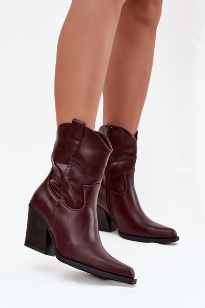 Botine cowboy din piele ecologică pentru femei cu toc Bordeaux Sorelia