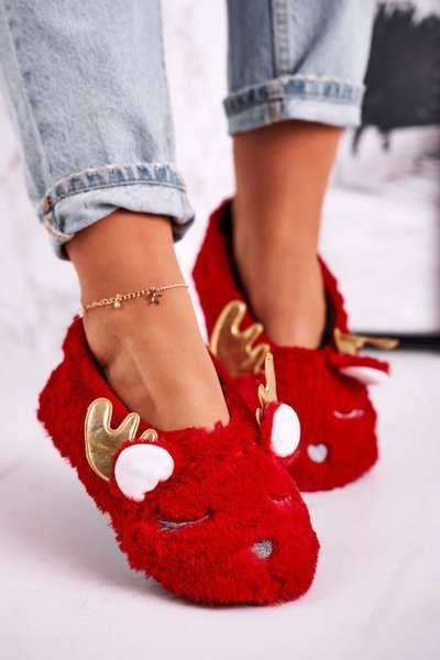 Kalėdinės izoliuotos pūkuotos šlepetės, raudoni varpeliai