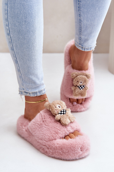 Faux Fur Women's Slippers With Bear Pink Romania