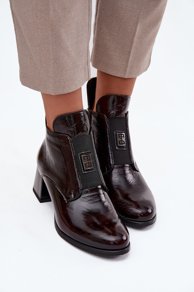 Botine din piele lacuită cu toc bloc cu detaliu decorativ izolate Zazoo 60560 bordo