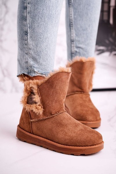 Bottes de neige pour femmes en daim avec fourrure bouton marron