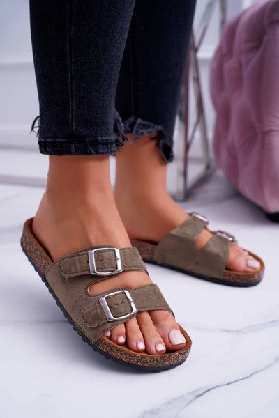 Tongs à boucle en liège et daim olive pour femmes Beatris