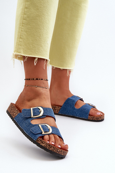 Damen-Denim-Clogs auf Korkplattform mit dunkelblauen Riemen Doretta