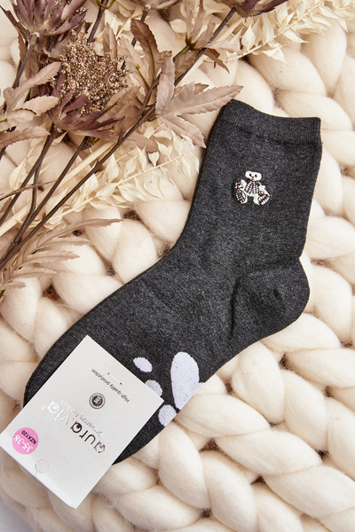 Damen Baumwollsocken mit Bären-Aufnäher Dunkelgrau