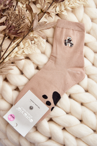 Damen Baumwollsocken mit Teddybäraufnäher in Beige