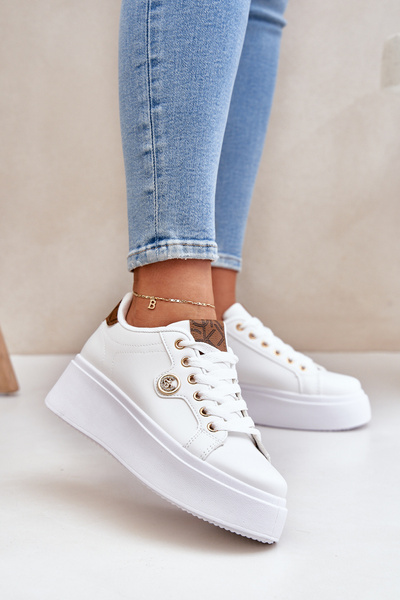 Baskets En Cuir Écologique Sur Plateforme Avec Détail Doré Blanc-Brun Zingie