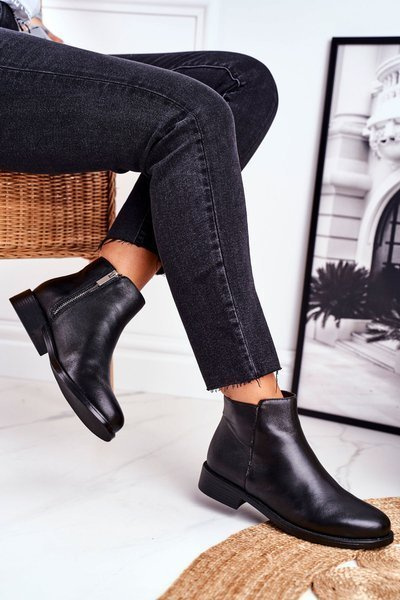 Damen Warm Heeled Flache Ferse Stiefel Leder Schwarz Fernir