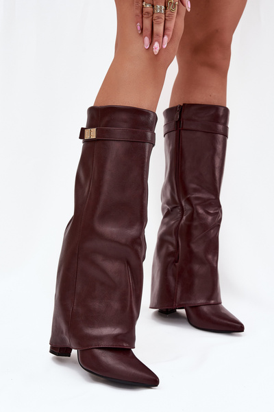 Damenstiefel Mit Absatz Umgeschlagenem Schaft Und Goldenem Detail Bordeaux Diorna