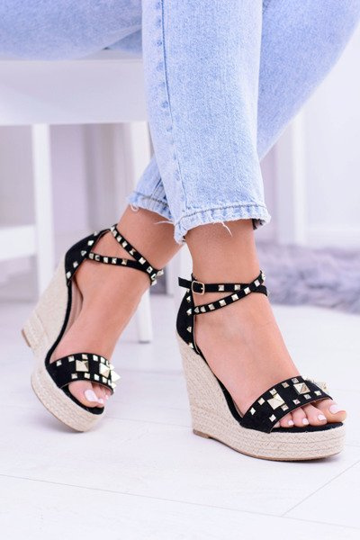 Juodi sandalai ant platformų Espadrilės, nusagstytos kalnų krištolais Narumi