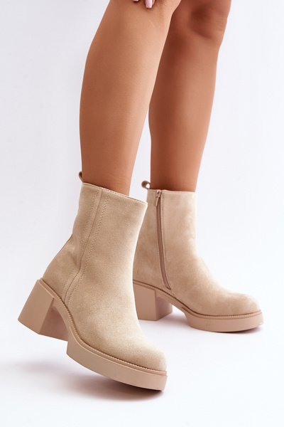 Botine eco din suede pentru femei cu toc cu căptușeală bej deschis Meriluna II-gat