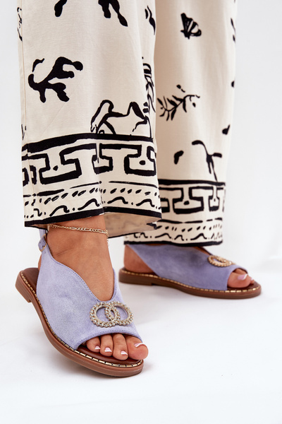 Sandales Femmes Avec Décoration Sur Talon Plat Bleu En Suède Écologique Beige Ralisses