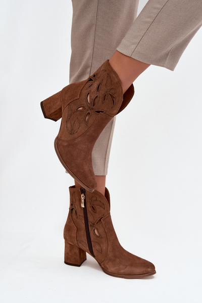 Bottes pour femmes en daim perforé à talon Zazoo 3647 marron