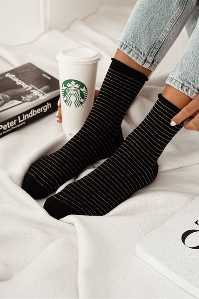 Damen Druckfreie Socken Mit Dünnen Streifen Schwarz