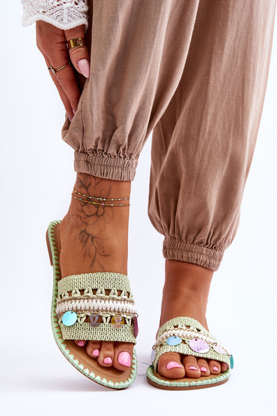 Women's Braided Embellished Slippers Green Millano