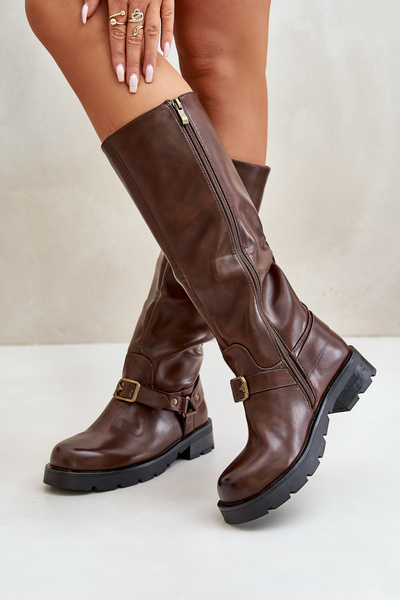 Bottes chaudes pour femmes avec fermeture éclair en cuir écologique marron Tialethe