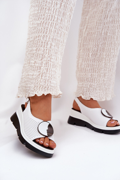 Sandales En Cuir Pour Femmes À Talon Wedge Avec Décoration S.Barski LR51-788 Blanches