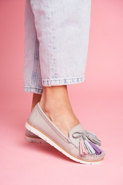 Damen Leder Mokassins Grau Bebbo