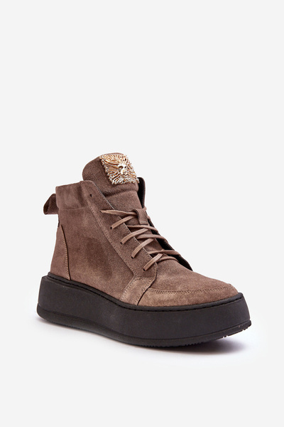 Women's Lace-Up Boots with Leather Embellishment Dark Beige Nicole 2833
