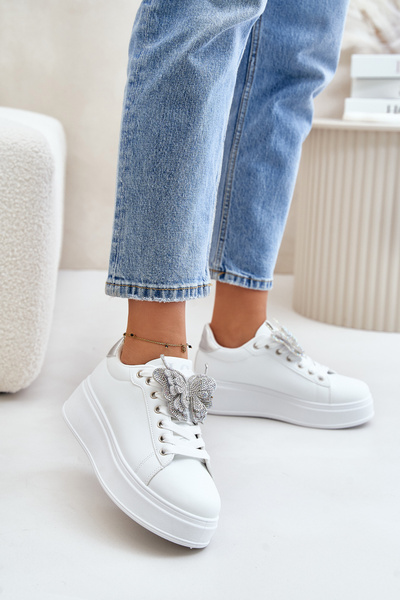 Baskets Plateforme Femme Avec Papillon Blanc-Argent Naritevia