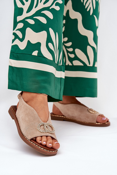 Sandales Dames Avec Décoration Sur Talon Plat Éco Daim Beige Ralisses