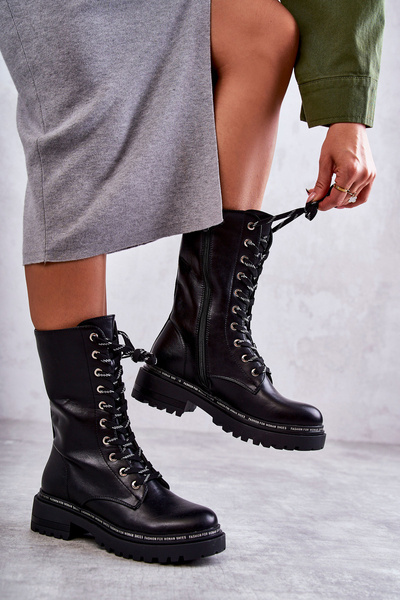 Hohe Warme Damenstiefel Geschnürt Schwarz Darla