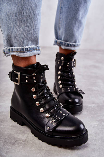 Lederstiefel mit Ziergürtel Schwarz Sabine