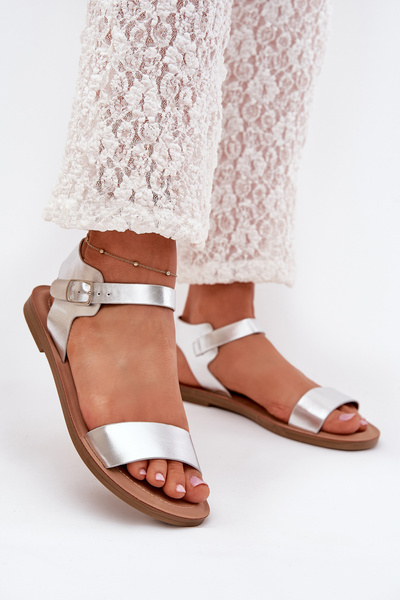 Damen Sandalen Mit Flachem Absatz Aus Öko-Leder Silber Kivara