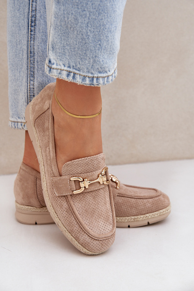 Lochmuster-Mokassins Mit Goldenem Detail Und Jutegewebe Beige Lainer