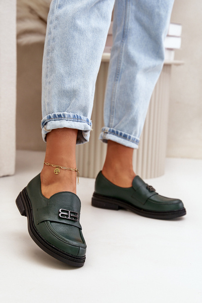 Zazoo 20174 Leather Elegant Women Loafers Flat Heel Dark Green